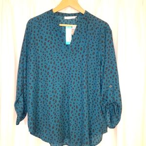 Green Leopard-Print Split Neck Blouse